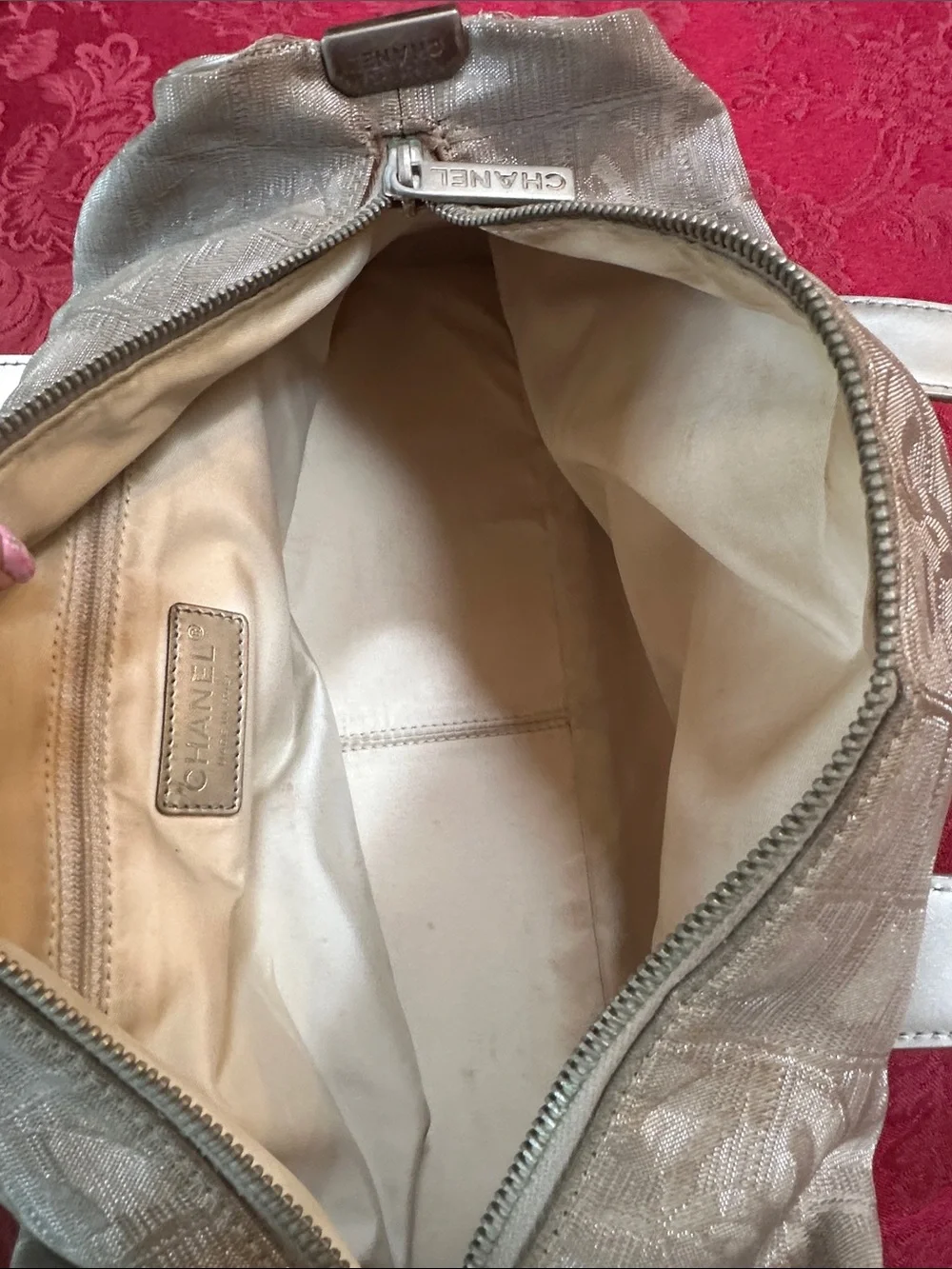 Chanel Champagne Silver Nylon Shimmer Travel Ligne Baguette